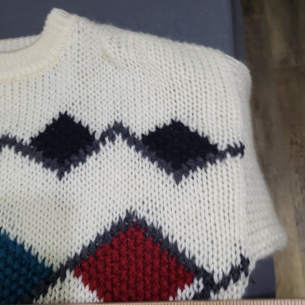 VTG Aztec Triangles Print Chunky Knit Sweater Men's Small Korea Old Money Ugly - Picture 7 of 8